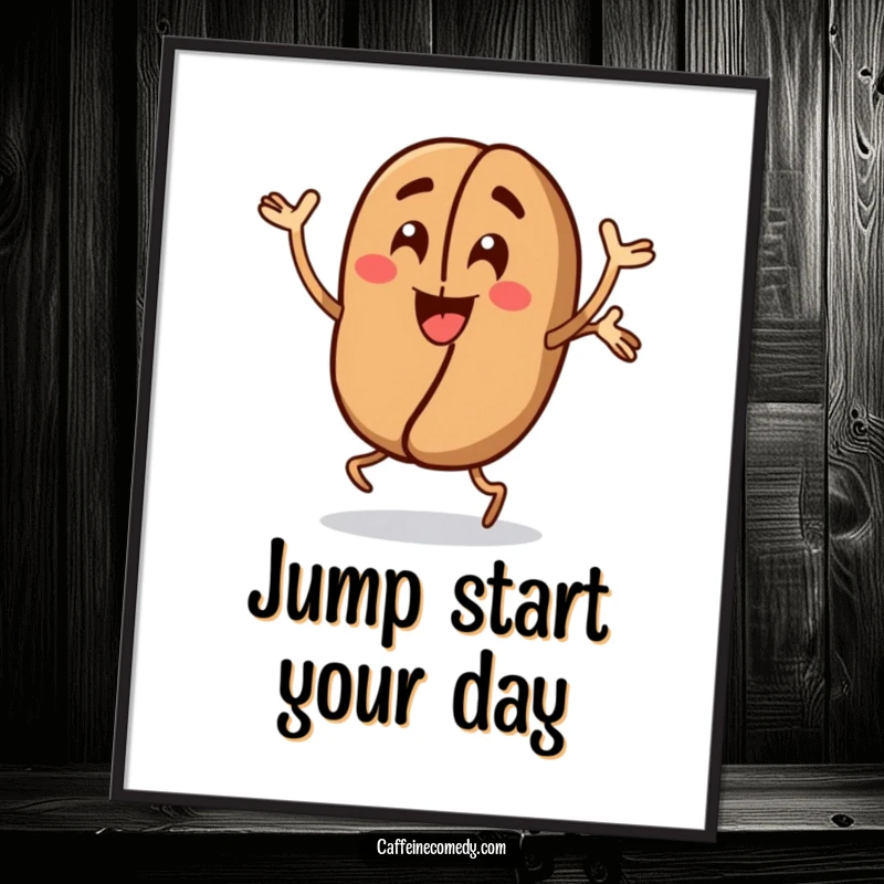 Funny Coffee Bean Poster: An energetic coffee bean character is captured mid-jump doing jumping jacks, radiating positive energy and humor.