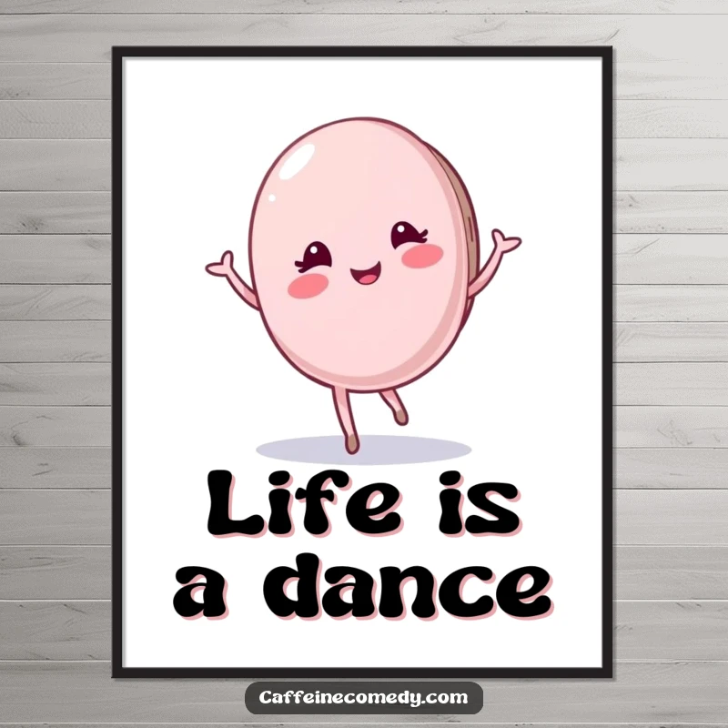 Funny Macaron Poster: A pleased macaron character is depicted mid-twirl, exuding sweetness and elegance for a humorous and charming art piece.