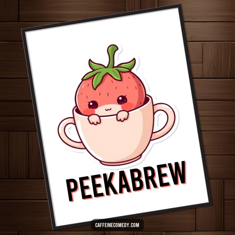 Funny Kawaii Strawberry Hiding Poster: A mischievous strawberry character hiding in a coffee mug, adding playful humor to walls.