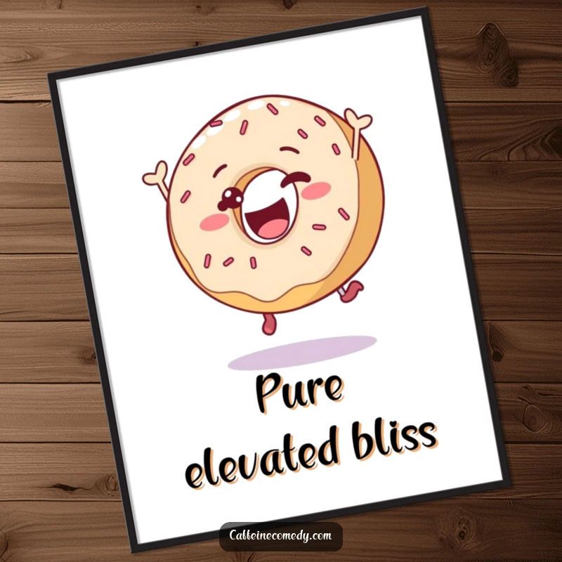 Funny delighted donut character captured mid-air with sprinkles, in a vibrant digital art poster for humorous wall decoration.