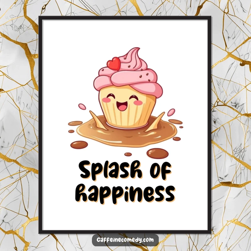 Funny Cupcake Poster: A cupcake splashing in coffee brings sweet joy and humor to wall decor.