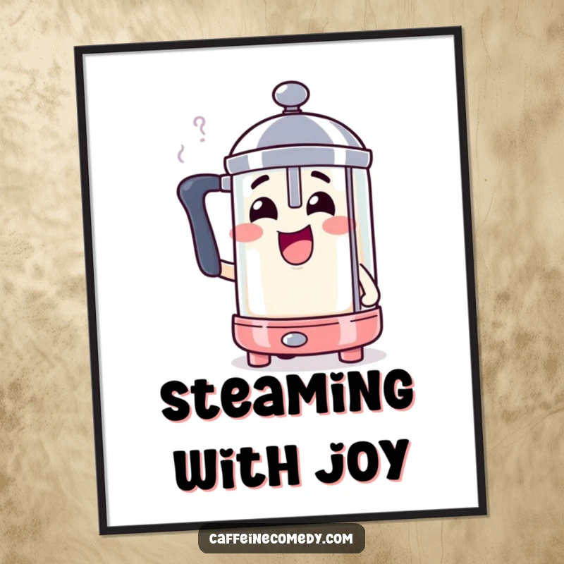 Funny French press character steaming with excitement, vibrant and humorous wall art.