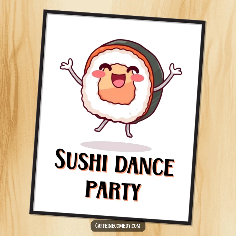 Funny poster showcasing an ecstatic sushi roll with legs performing a lively dance, bringing movement and humor to the room.