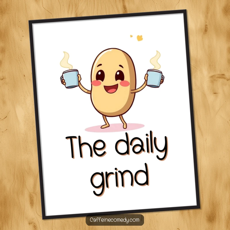 Funny poster featuring a happy coffee bean character comically juggling steaming mugs, perfect for caffeine-themed decor.