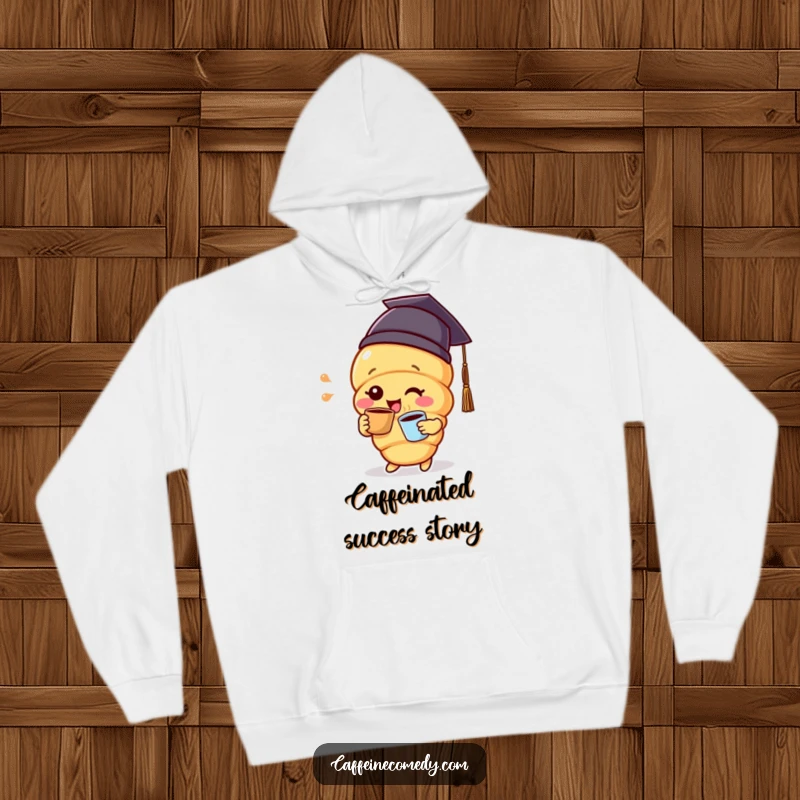 Funny delighted croissant character in a graduation cap, sipping coffee, featured on a soft and warm hoodie.