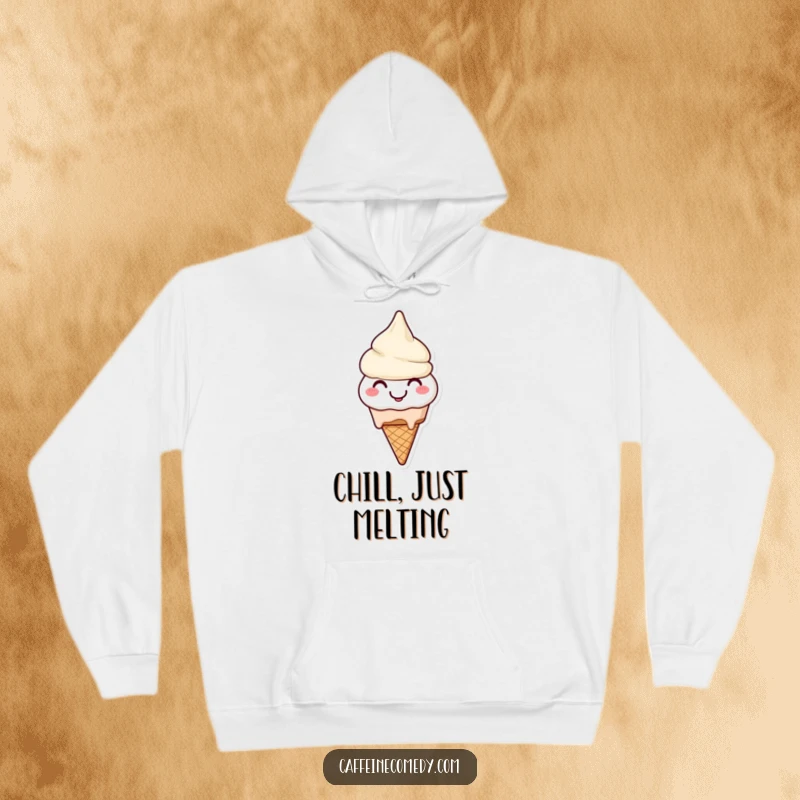 Funny Ice Cream Hoodie: A smiling ice cream cone character cheerfully melting, offering comfort and sweet humor.