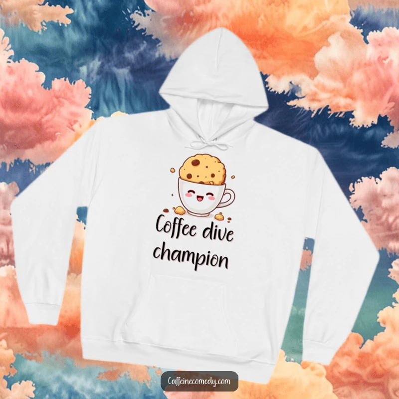 Funny kawaii cookie diving into coffee, cozy hoodie, warm and comfortable, crumbly and humorous design.