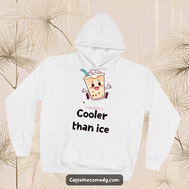 Funny hoodie featuring an energetic iced coffee character performing a kickflip with its straw, embodying cool and dynamic vibes.