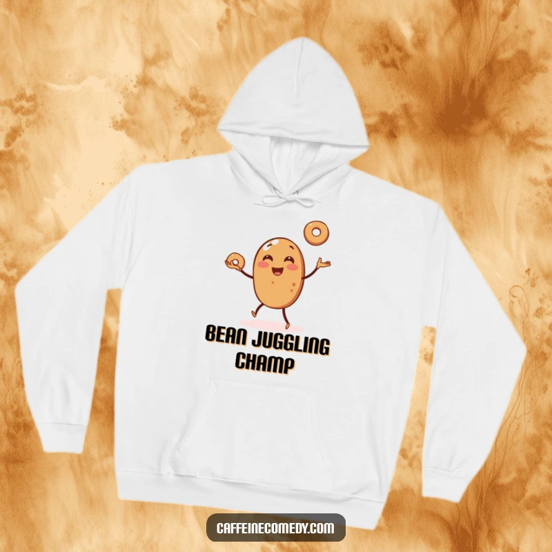 Funny hoodie depicting a gleeful coffee bean masterfully juggling tiny bagels, offering warmth and a comical visual.