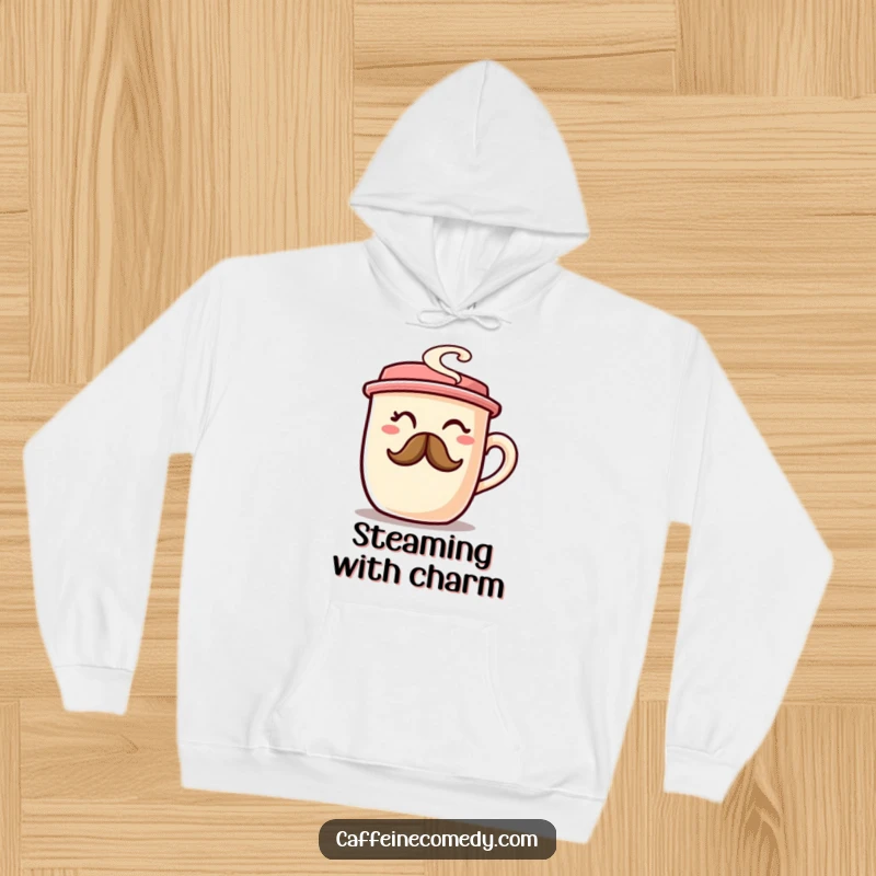 A chubby coffee cup character winking with a coffee steam mustache, featured on a soft hoodie for cozy humor.