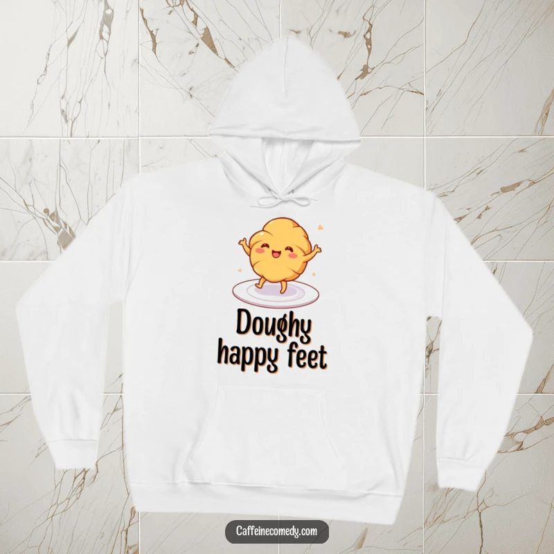 Funny hoodie showcasing a joyful, dancing croissant illustration on a plate, perfect for cozy and humorous wear.