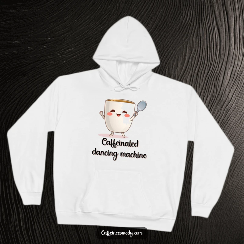 Funny coffee mug character dancing energetically with a spoon, cozy and warm attire.