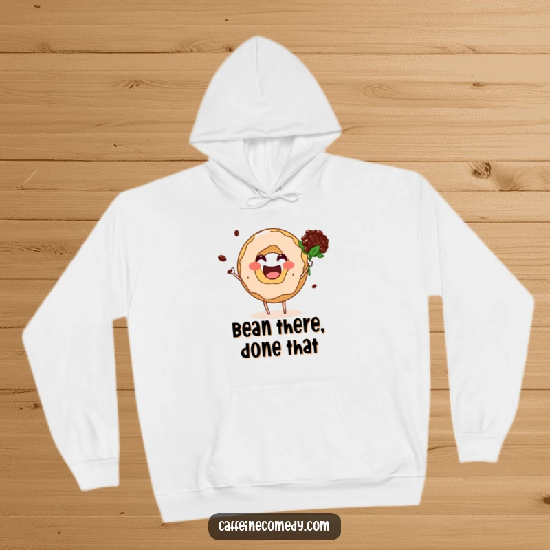 Funny donut hole character happily offering a bouquet made of coffee beans, perfect for chilly days.