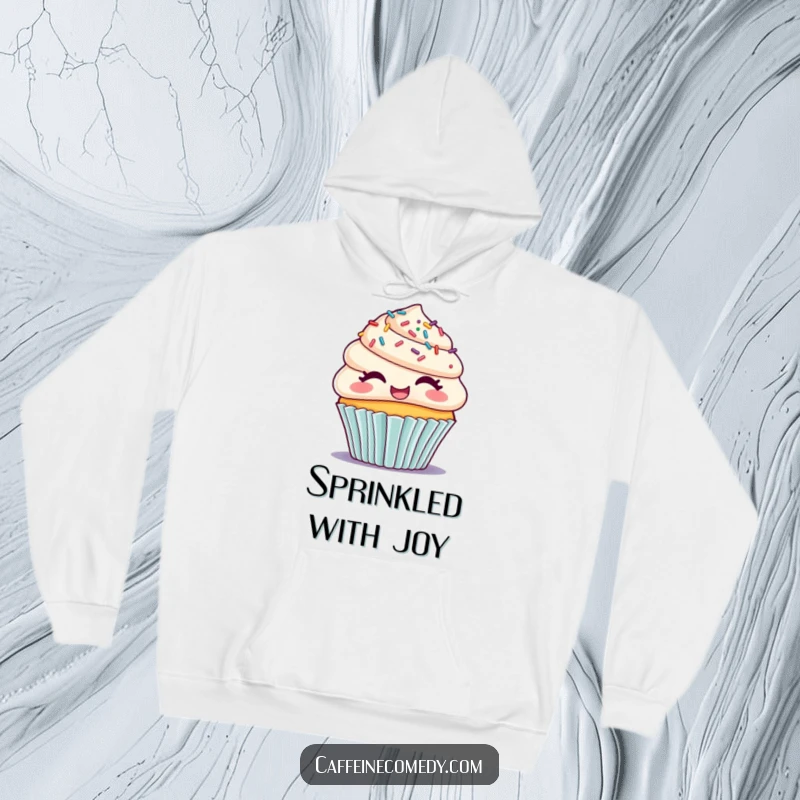 Funny hoodie showcasing a delightful cupcake with sprinkle hair, giggling merrily, offering warmth and a dose of sugary fun.