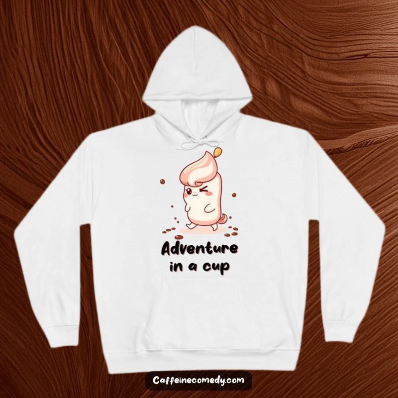 Funny Kawaii Churro Hoodie: A cute churro winks mischievously while climbing coffee steam, offering warmth and humorous charm.
