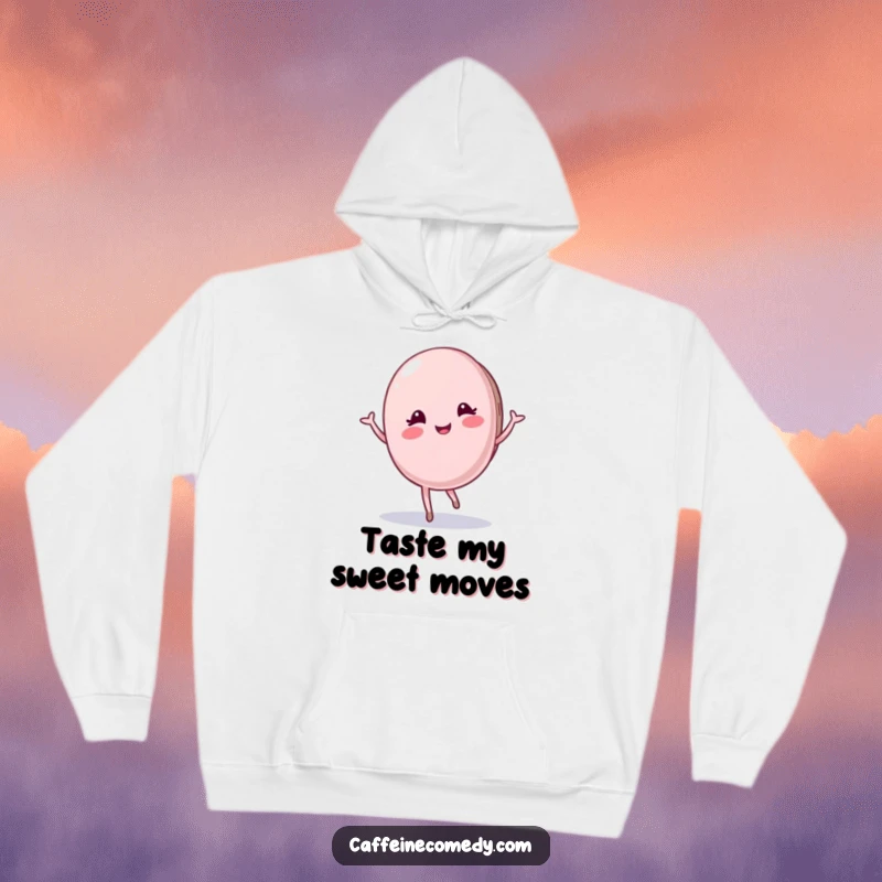 Funny Macaron Hoodie: A pleased macaron character gracefully twirls, offering cozy comfort and a touch of sweet sophistication for a humorous gift.