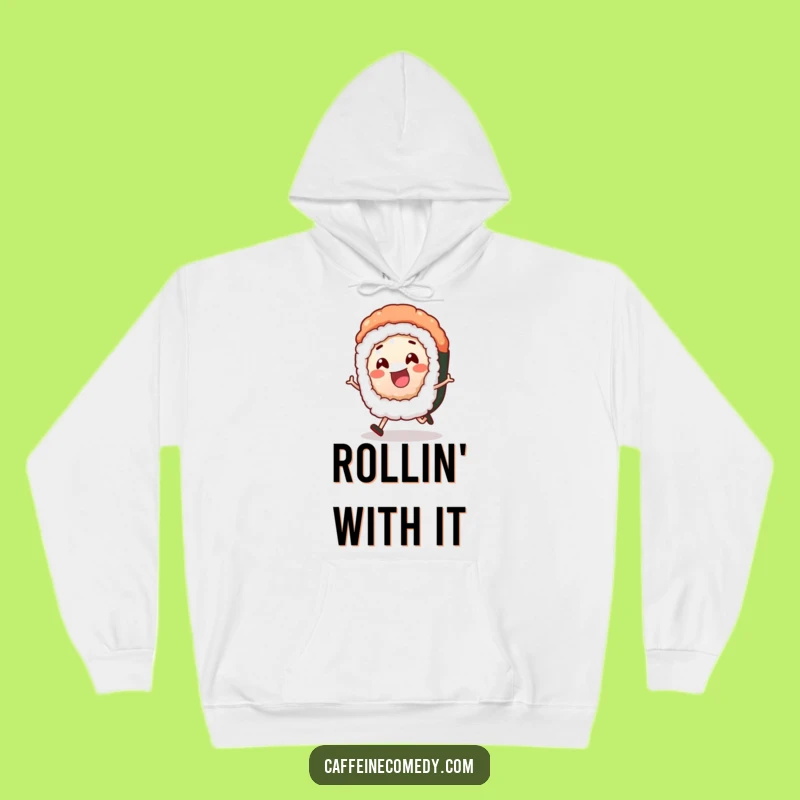 Cozy Funny Sushi Roll Hoodie: Cheerful Character Rolling, Warm Humorous Gift