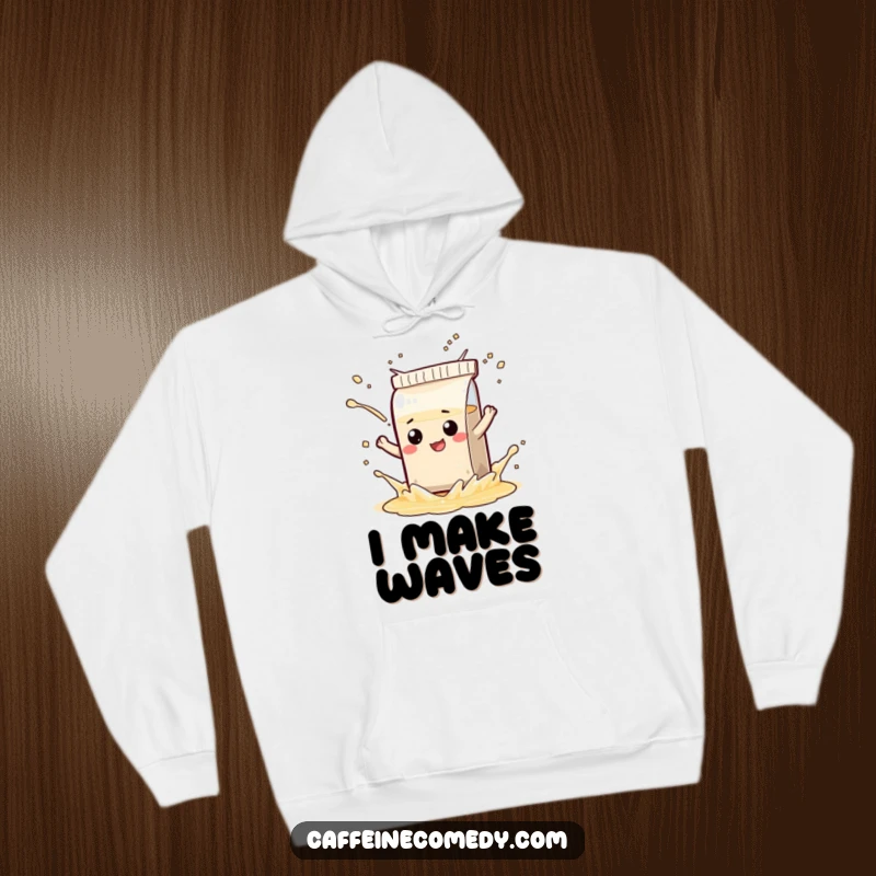 Funny hoodie featuring a mischievous tea bag character splashing, offering cozy comfort and a humorous statement.