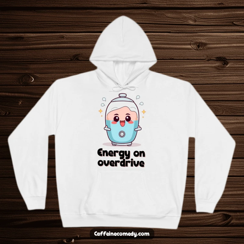 Funny hoodie featuring a determined percolator character, actively bubbling with excitement and ready to make some coffee.