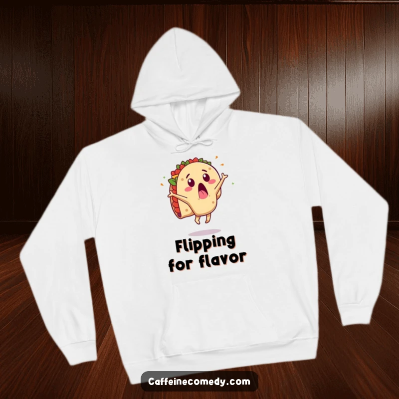 Funny hoodie featuring a surprised taco character in the midst of a cartwheel, with ingredients flying everywhere. Cozy and comically chaotic.