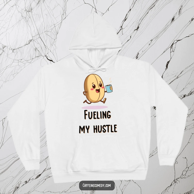 Funny Kawaii coffee bean character in a determined sprint, holding a steaming mug, on a comfortable, warm hoodie.
