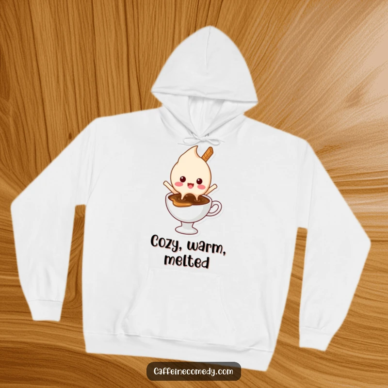 Funny hoodie depicting a delighted ice cream character melting happily into a hot coffee, offering cozy humor and warmth.