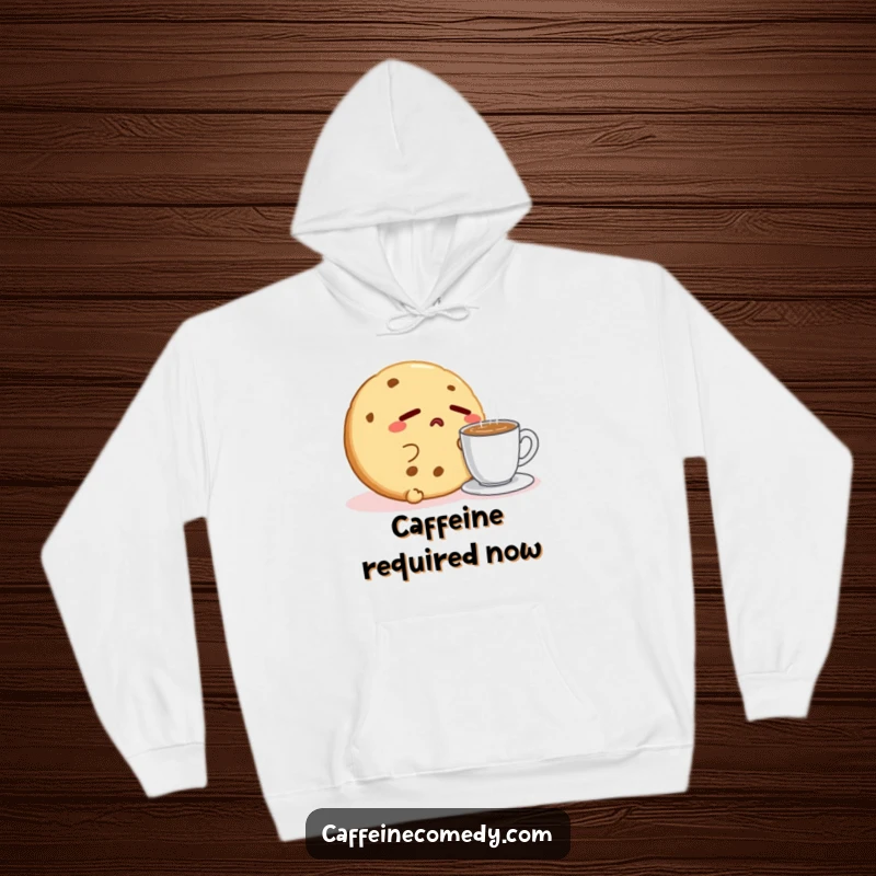 Funny Kawaii Cookie Sleepy Hoodie: A sleepy cookie character yawns next to espresso, offering cozy humor for morning lovers.