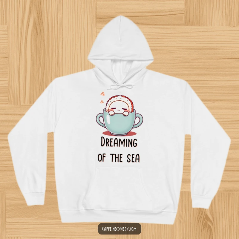 Funny Kawaii Sushi Coffee Hoodie: Soft hoodie featuring a cute sushi character sleeping in a coffee mug, ideal for comfort and humor. A warm funny gift.