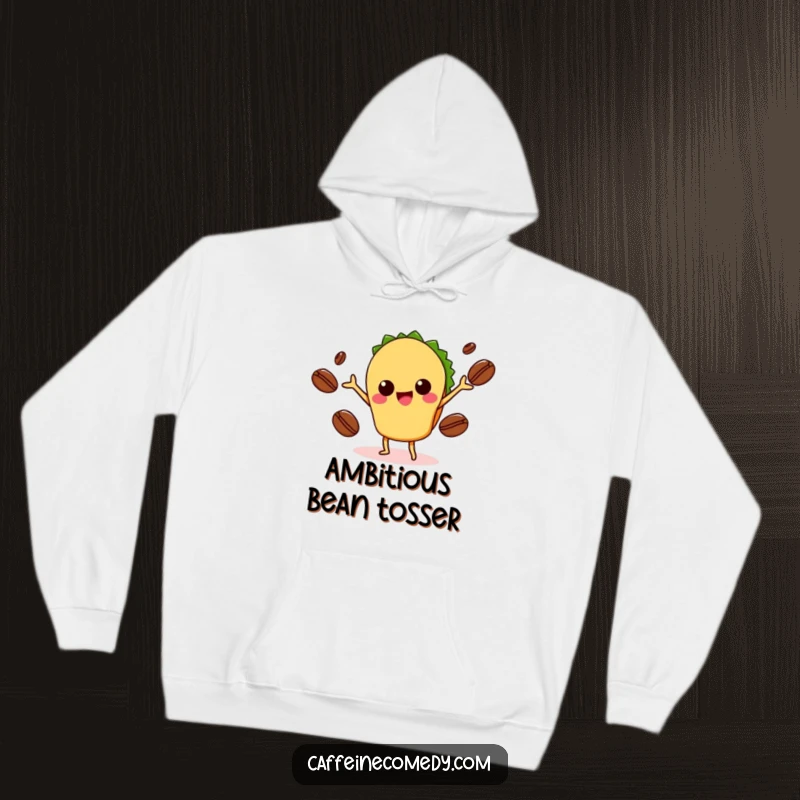 Funny Kawaii Taco Juggling Coffee Hoodie: Soft hoodie featuring a cute taco juggling coffee beans, ideal for comfort and humor. A warm funny gift.