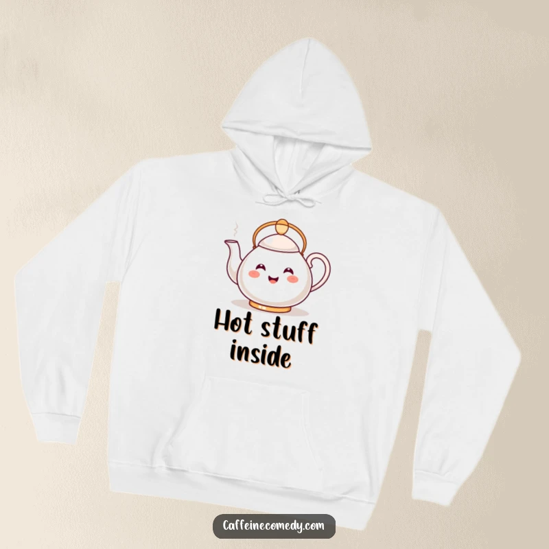 Funny Kawaii Teapot Hoodie: A smiling teapot happily pours a steamy stream, providing cozy warmth and humorous charm.