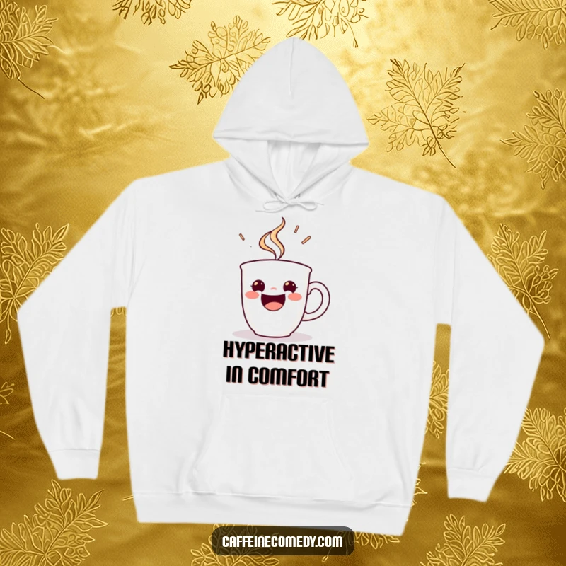 Funny hoodie with a beaming espresso cup character steaming with energetic delight, offering cozy warmth and a spirited vibe.