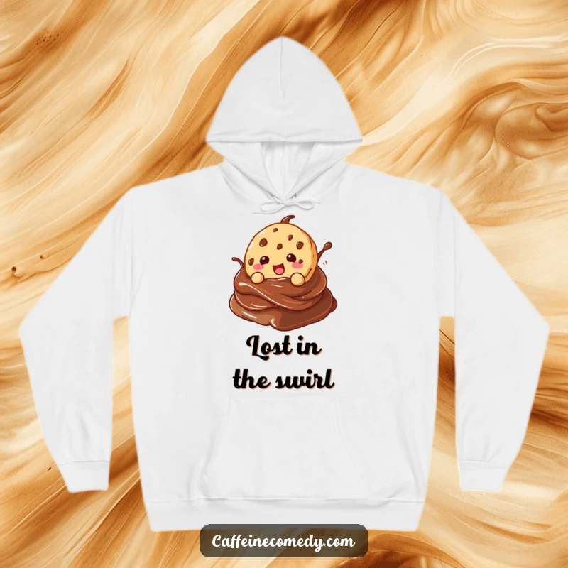 Funny kawaii cookie character gleefully diving into a chocolate swirl, on a soft and cozy hoodie.