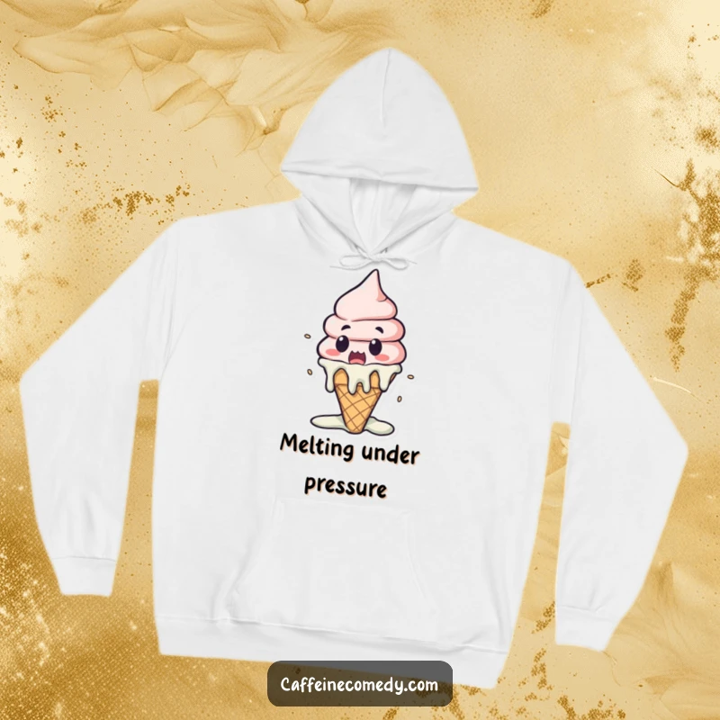 Funny Kawaii Ice Cream Melting Hoodie: A surprised ice cream cone melts dramatically, offering cozy humor for chilly days.