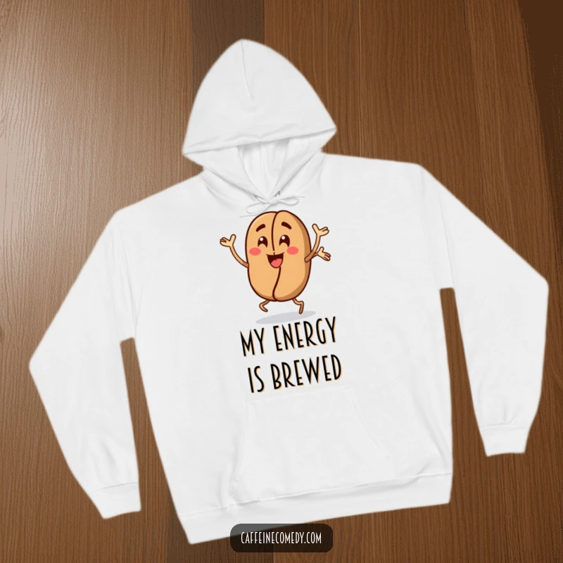 Funny Coffee Bean Hoodie: Features an energetic coffee bean character doing jumping jacks, offering warmth and a humorous boost for coffee lovers.