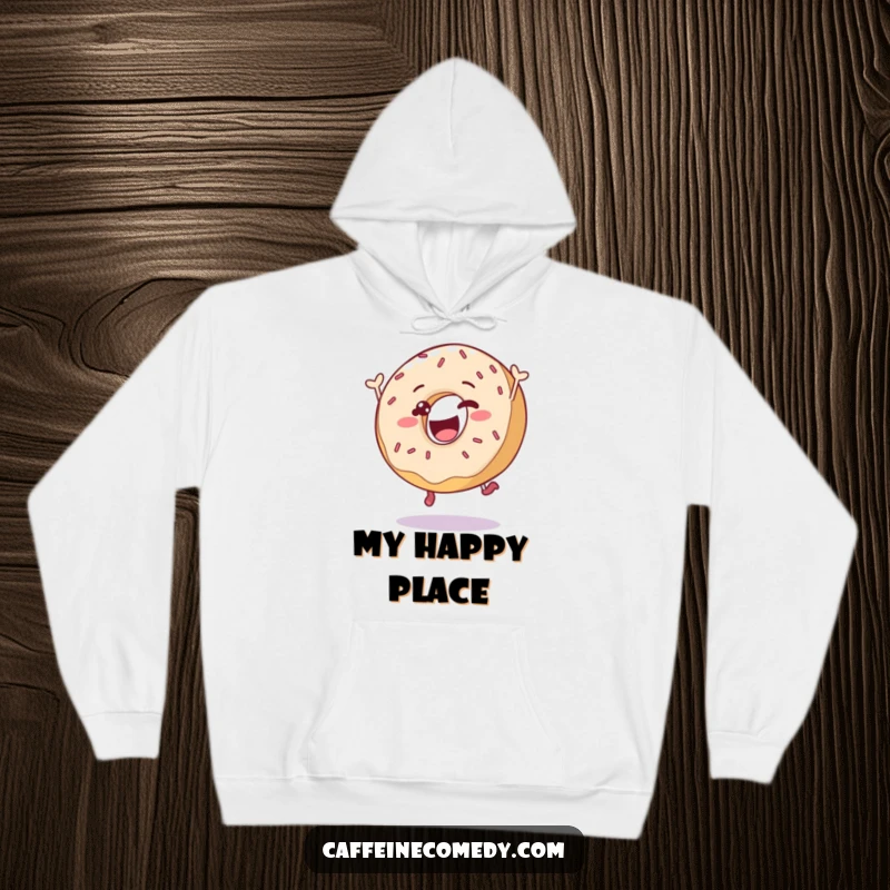 Funny delighted donut character captured in a joyful leap with sprinkles, on a soft and warm hoodie for ultimate comfort.