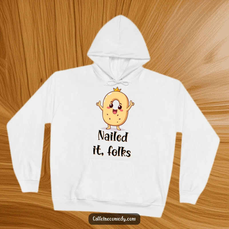 Funny hoodie featuring a beaming bagel character doing a victory dance, offering warmth and a spirited, humorous design.