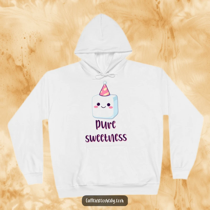 Funny sugar cube joyfully wearing a party hat, perfect for cozying up in this humorous hoodie design.