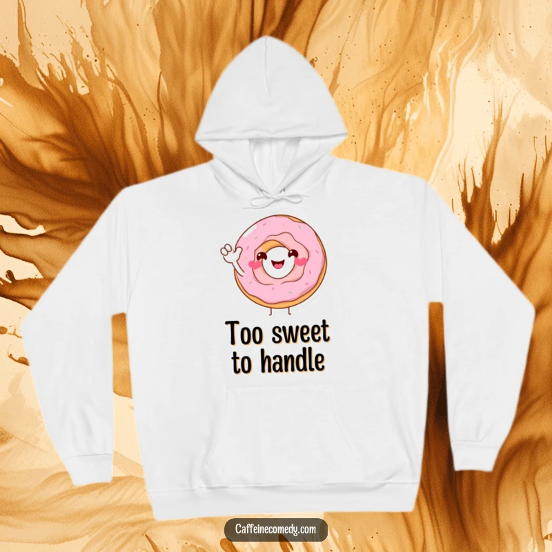Funny Donut Hoodie: A smiling donut character offers a sweet, sugary wave, perfect for staying warm and spreading joy with this humorous design.