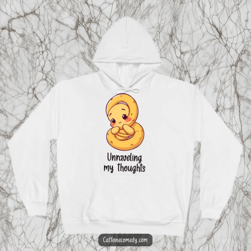 Funny Pretzel Hoodie: A curious pretzel character slowly unraveling, offering a cozy and humorous design.