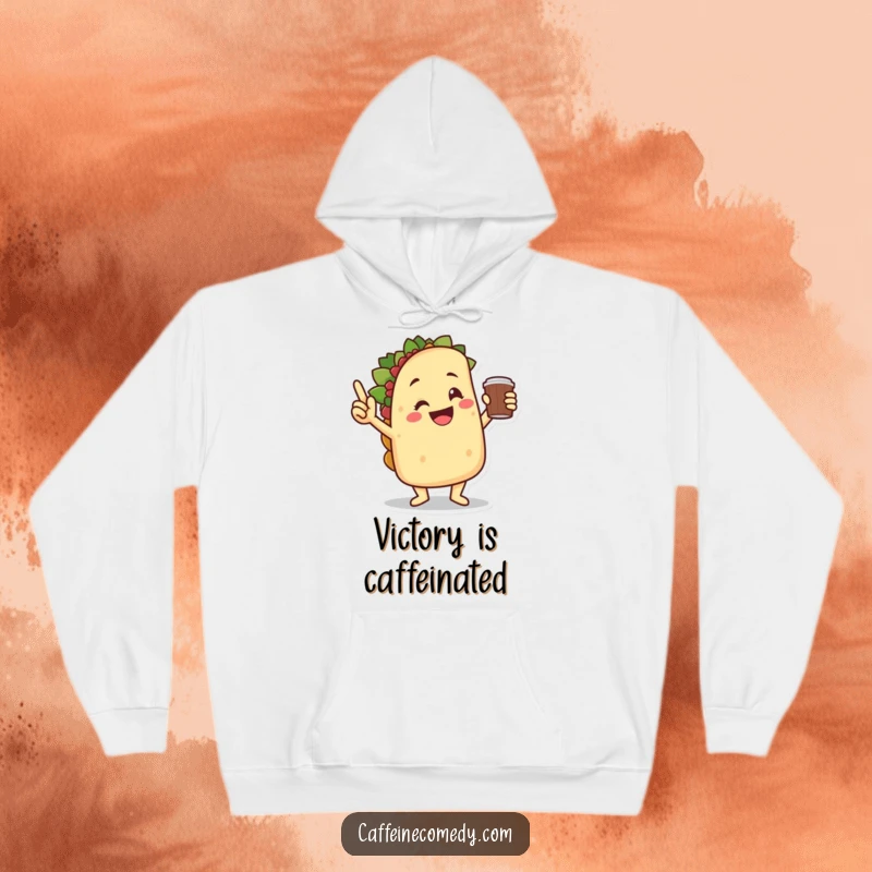 Funny smiling taco character performing a victory dance, holding a coffee cup, featured on a cozy and warm hoodie.