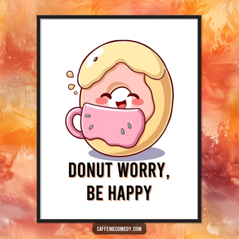 Funny Free Printable Wall Art: Smiling donut character winking slyly while sipping coffee, quirky art.