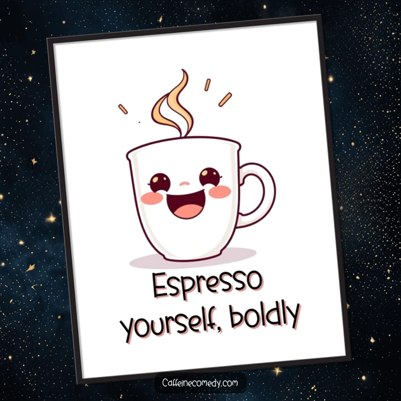 Funny free printable wall art: a beaming espresso cup character steaming with energetic delight, radiating positive vibes.