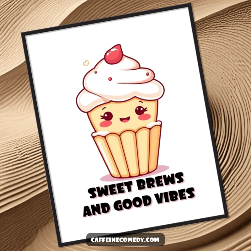 Funny Free Printable kawaii cupcake art piece, winking from a foamy brew, adding a sweet vibe.