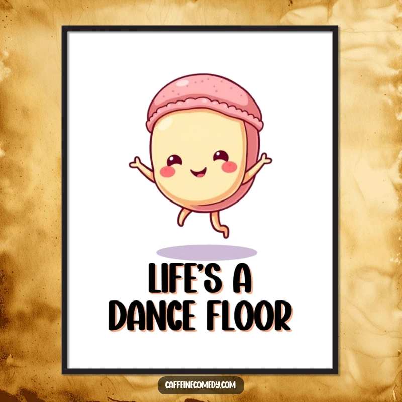 Funny free printable wall art featuring a whimsical macaron character enthusiastically doing a tiny, happy dance.