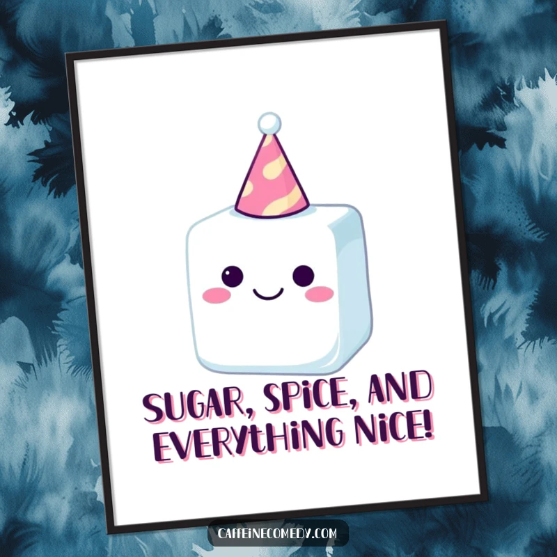 Funny Free Printable Wall Art: A small, happy sugar cube wearing a tiny party hat, bringing sweet cheer to any room.