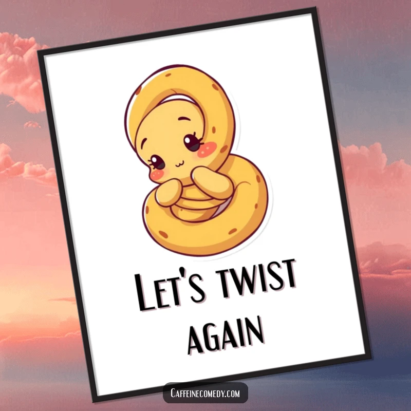 Funny free printable wall art showcasing a curious pretzel character humorously unraveling itself, adding a whimsical touch.