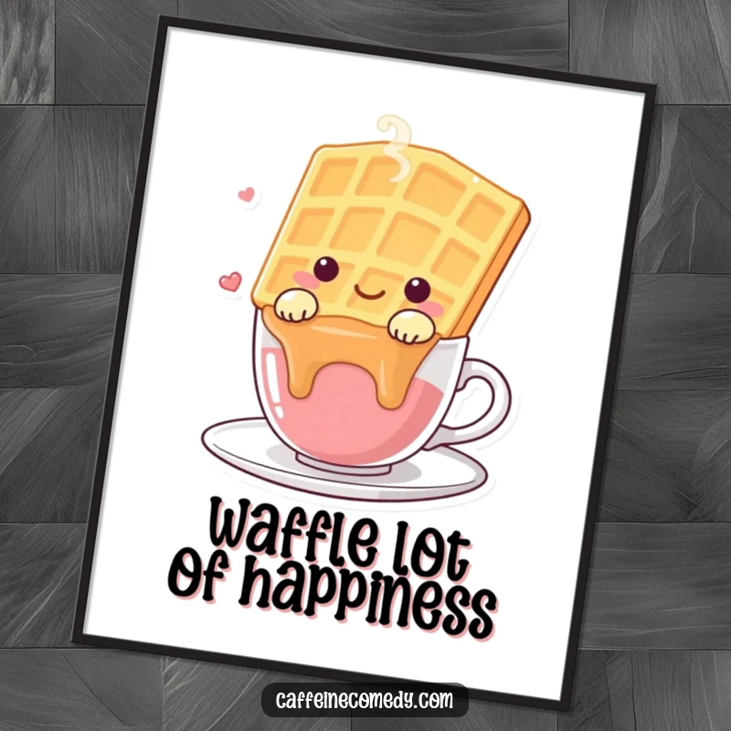 Funny Free Printable kawaii waffle art piece, draped over a steaming cup, adding a cozy vibe.