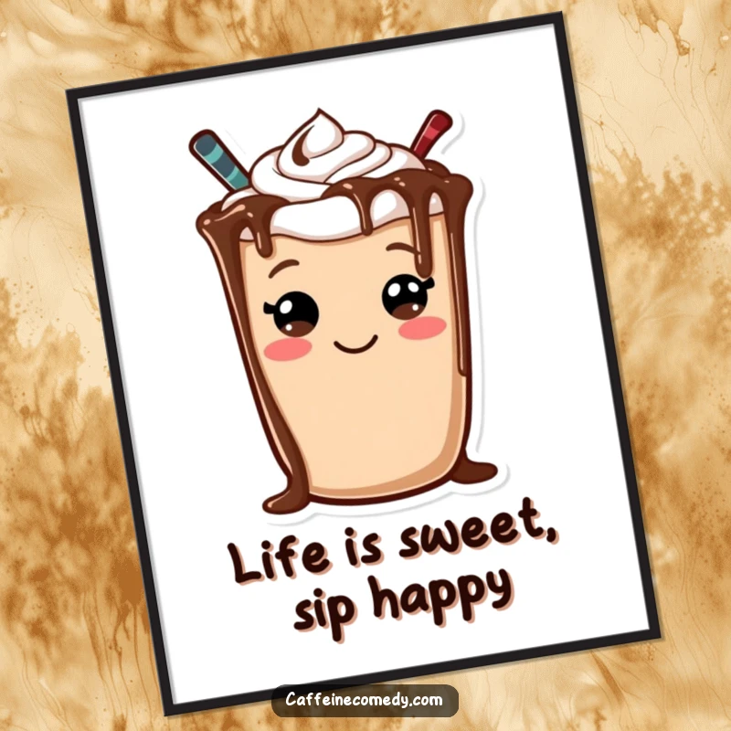 Free printable wall art: a cheerful mocha character with a chocolate drizzle forming a big, happy smiley face.