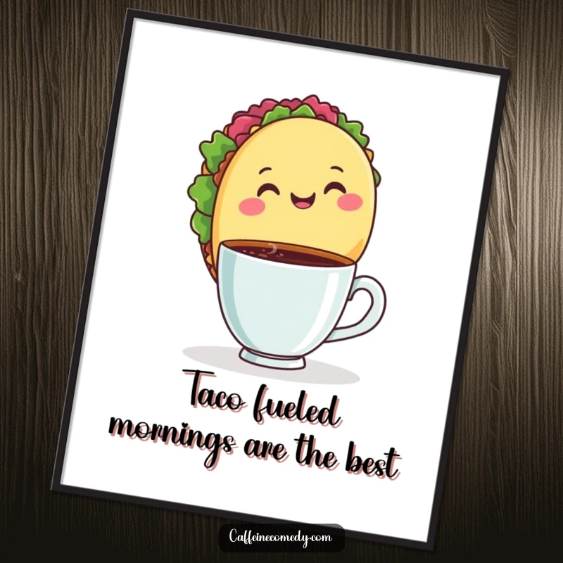 Funny Free Printable Wall Art: A smiling taco holding a steaming coffee cup, exuding happiness and warmth in vibrant colors.
