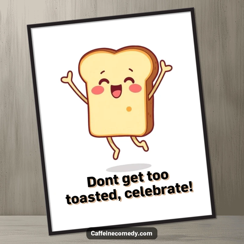 Funny Free Printable Wall Art depicting a piece of toast character mid-jump, expressing pure surprised joy and exuberance.